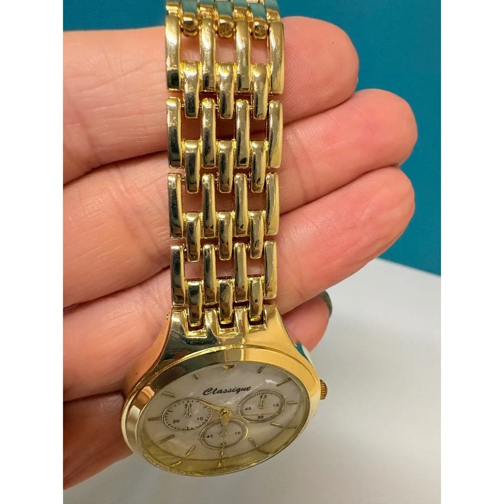 Classique Gold Tone Chronograph Style Watch Mother of Pearl Face Stainless Steel